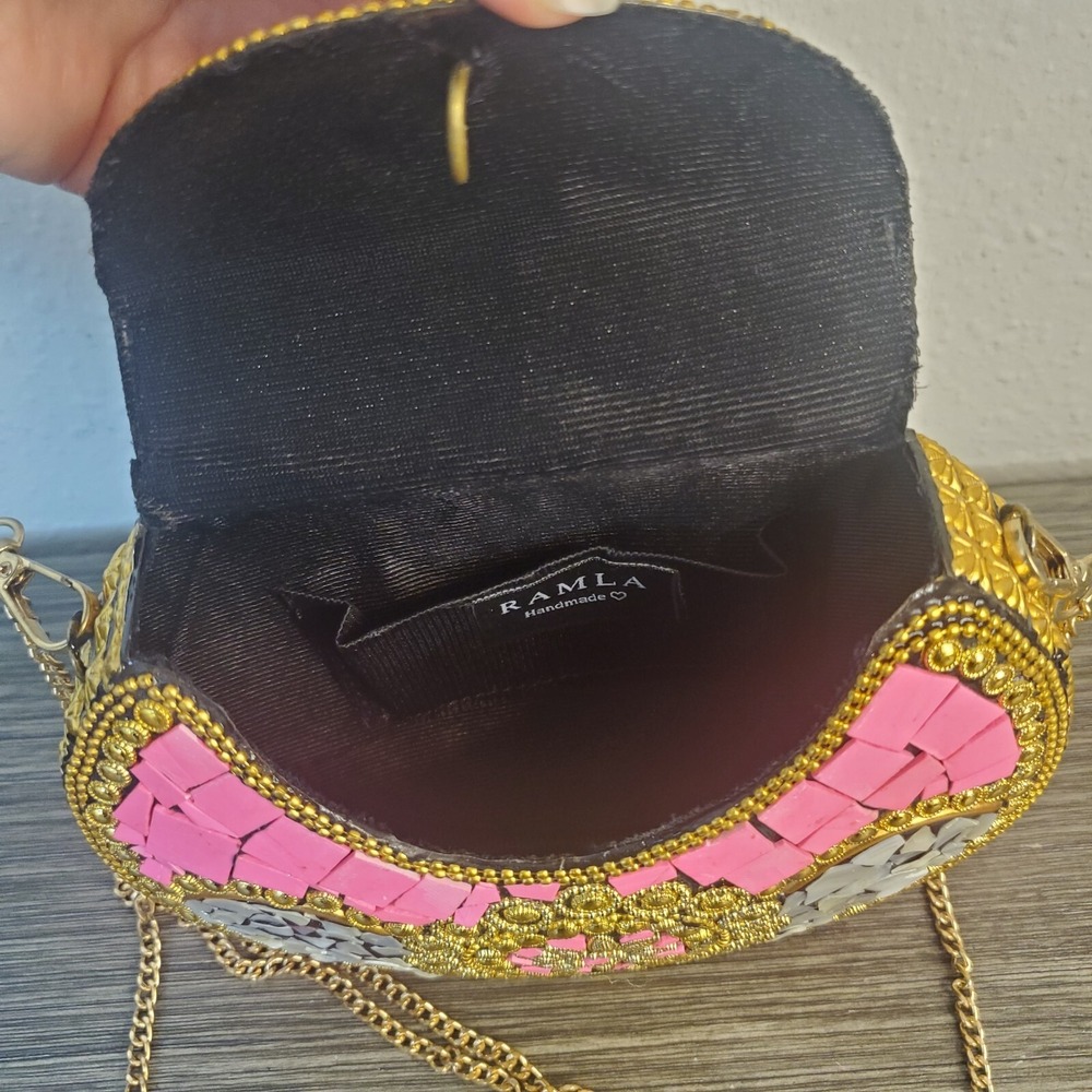 RAMLA Pink Gold Beverly Hills Handmade Mosaic Moroccon Clutch/Shoulder Purse NEW - Picture 6 of 11